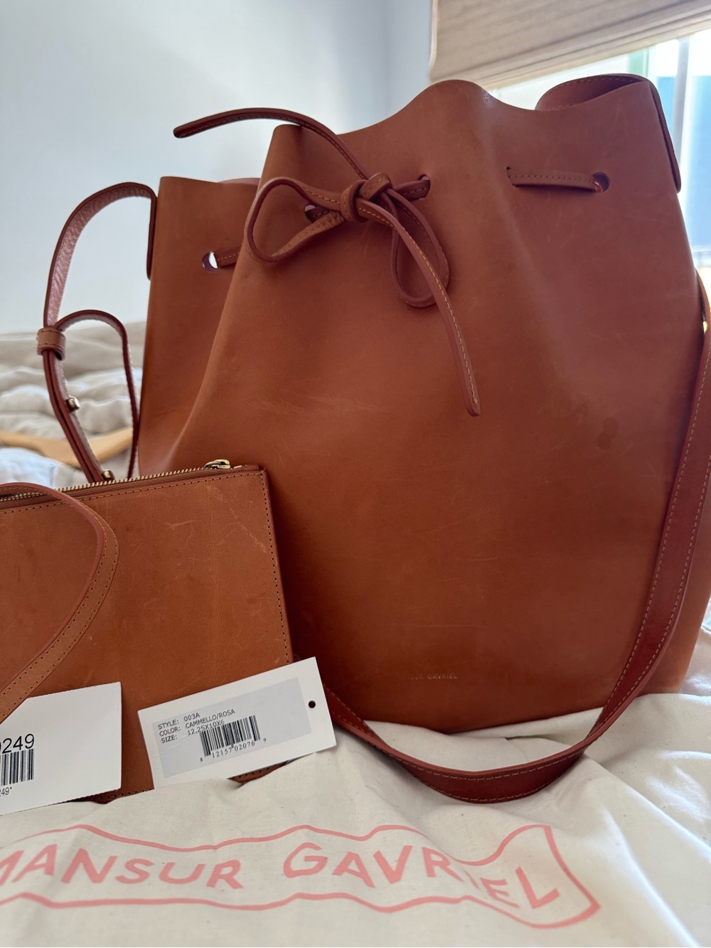 Mansur Gavriel Cognac Brown Leather Drawstring Bucket Bag with Pouch